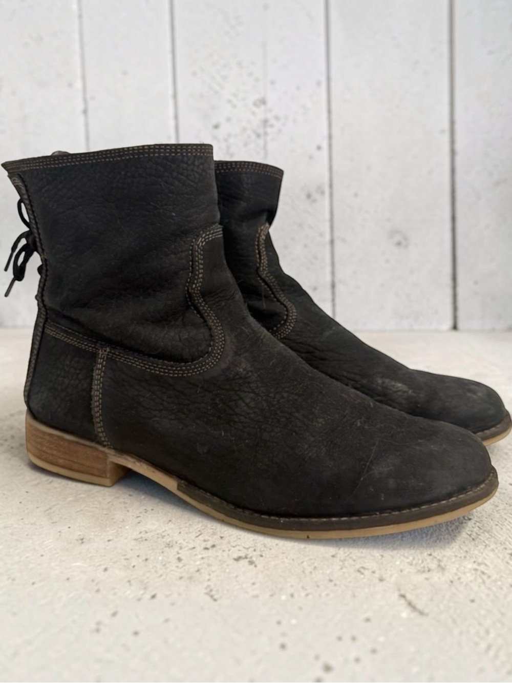 Josef Seibel Black Nubuck Leather Ankle Boots Lace-Back Detail Size 10 (EU 41)